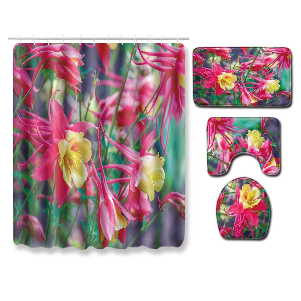 3d bathroom curtains natural scenery Four-piece set with bath rug toilet seat cover mat, shower curtain toilet floor mats