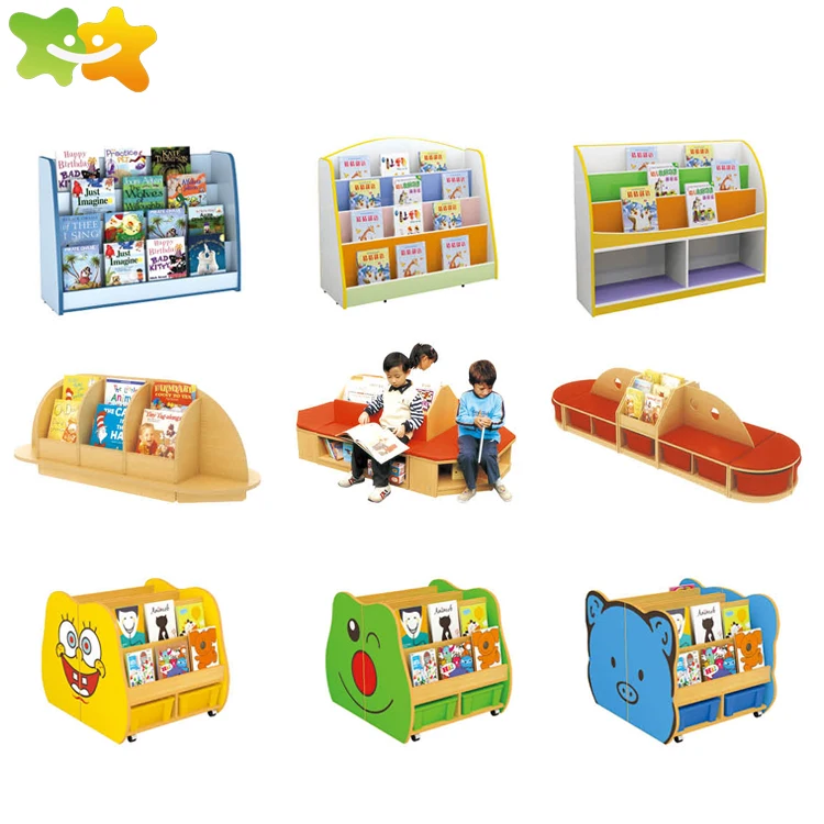 Novel Design Cartoon Style wooden kids bookcase book shelf with chest