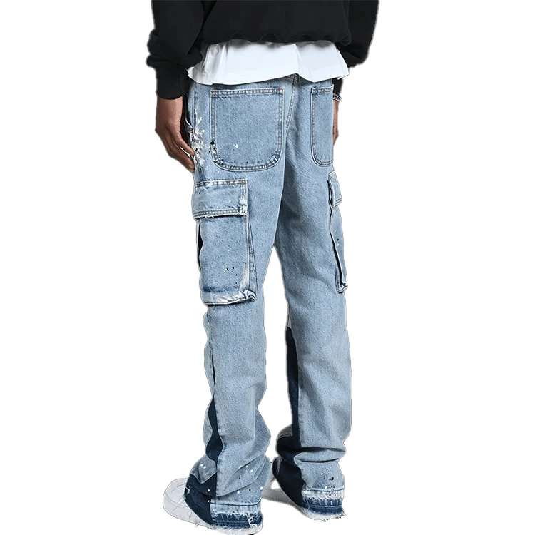 Wholesale custom straight baggy flare jeans men Paint splash hip hop street wear jeans patch fashion denim cargo pants men