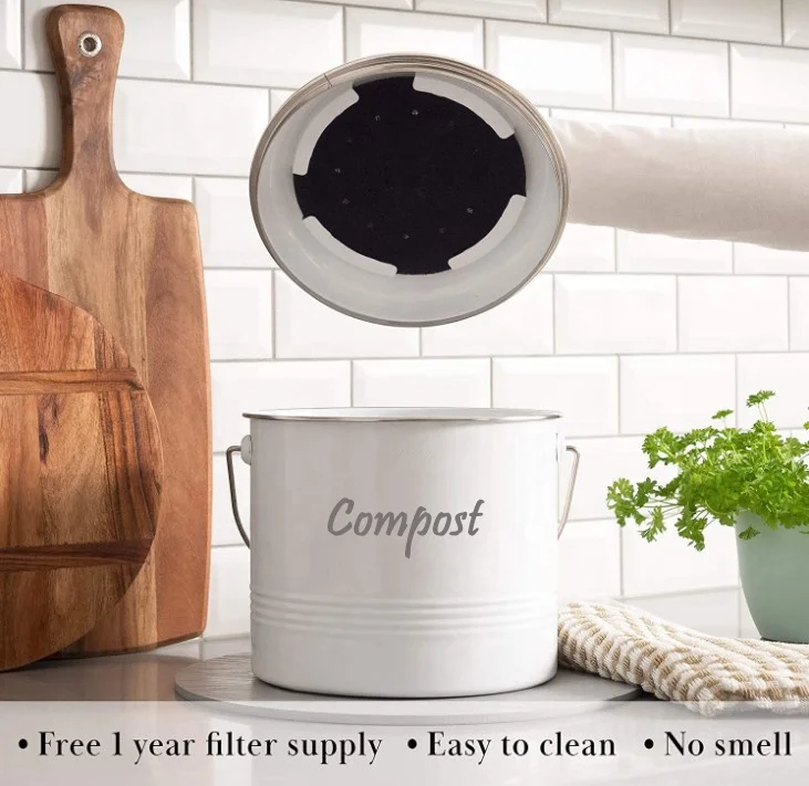 Kitchen Countertop White Compost Bin With Inner Bucket & Charcoal Filter Metal Food Waste Compost Pail