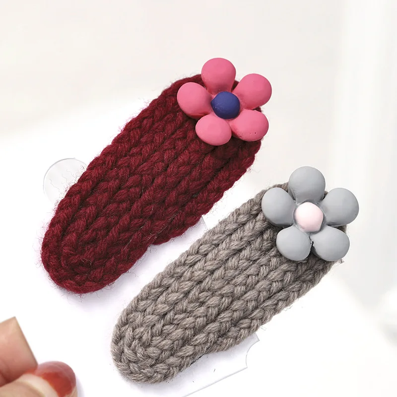 Симпатичные Детские осенне-зимние теплые шерстяные вязаные крючком заколки для волос BB милые заколки для волос Вязаные Цветочные заколки для девочек