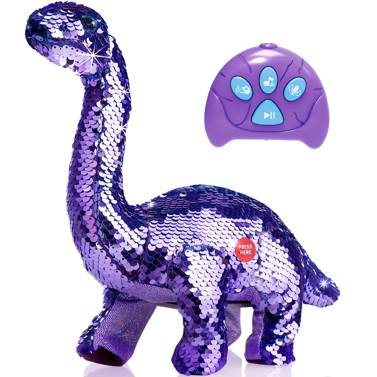 Remote Control Reversible Sequins Dinosaur Toy For Girls Boys Rc Dino Can Repeat Walk Roar Sing Christmas Birthday Gifts Kids