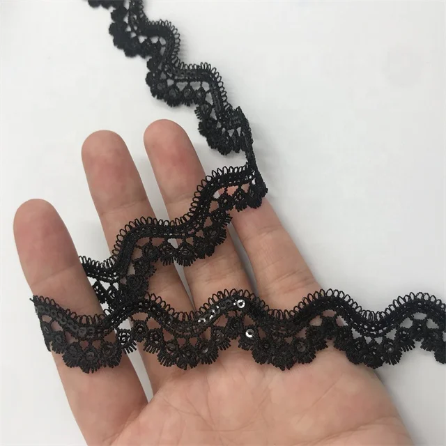 20MM black fancy ripple shape lace trim decoration eyelash embroidery sequin chemical french lace for bridal dress