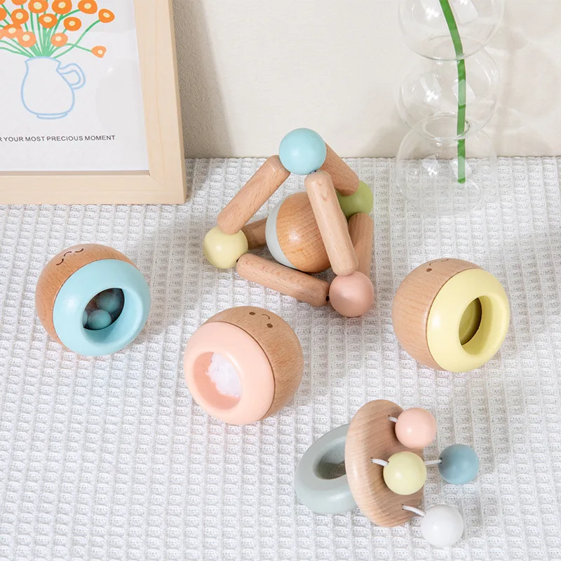 Custom High Quality Children Wooden Macaron Baby Handbell Rattle Game Educational Grasp Sensory Touch Toys For Kids