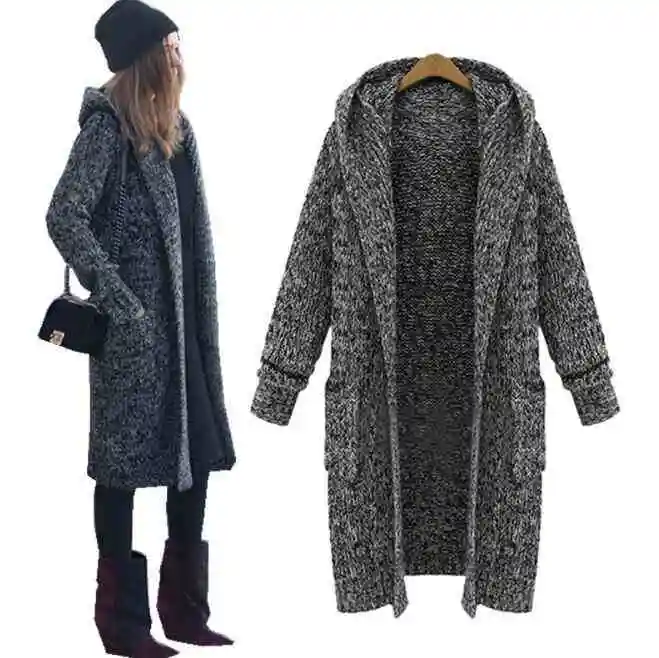 
Large Size Womens Autumn And Winter Europe And The New Long Thick Knit Cardigan Loose Hooded Sweater Women Wholesale 