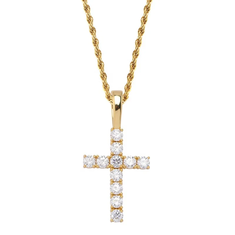 Firstmadam Crucifix Cross 925 Silver Moissanite Rope Chain Pendant Necklace for Christian Man Woman