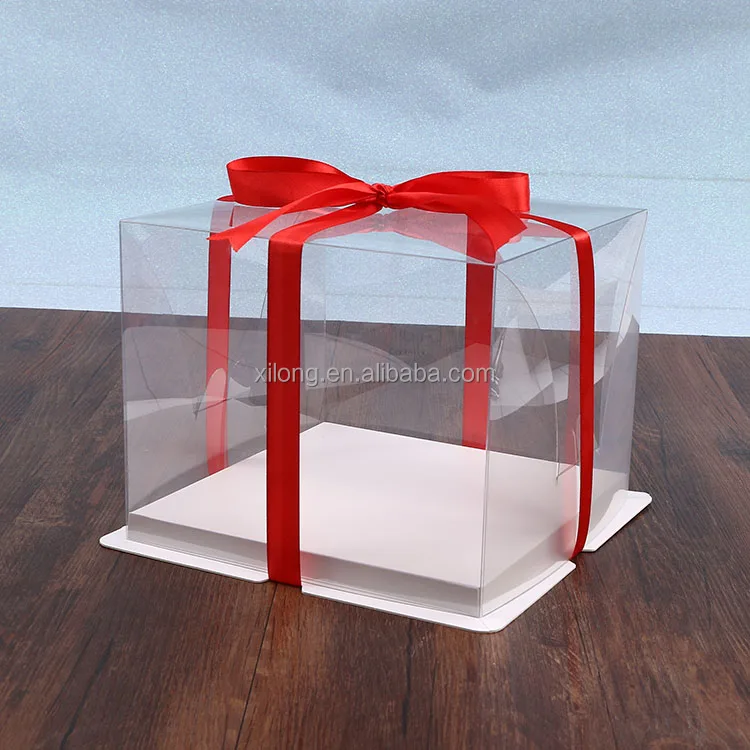 Large Clear PVC Cake Box with Ribbon and Pre-Folded Lid for 8inch & 10inch Cake Cookie Gift Packaging with Printed Pattern