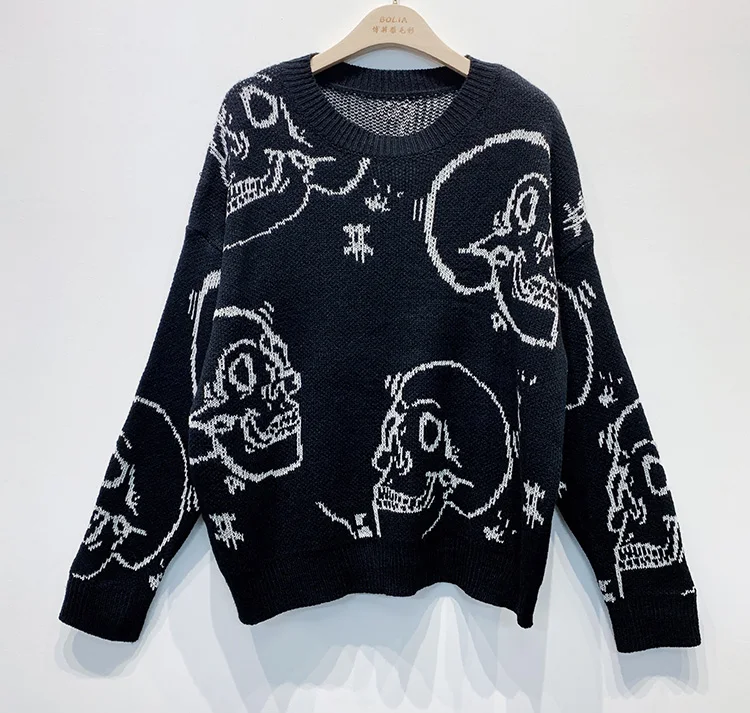 Halloween Elements Skull Jacquard Leisure Women Pullover Knit Sweaters Round Neck Halloween Sweater