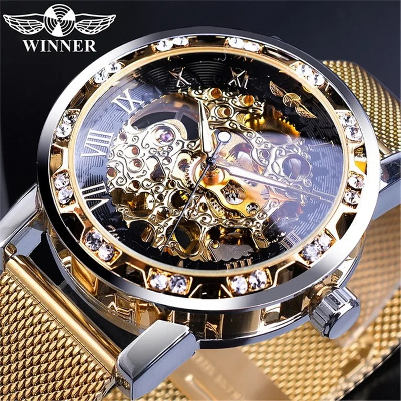 WINNER Hand Wind Mechanical Men Wristwatch Sport Male Clock Top Brand Luxury Skeleton Mesh Steel Man Watch Gift