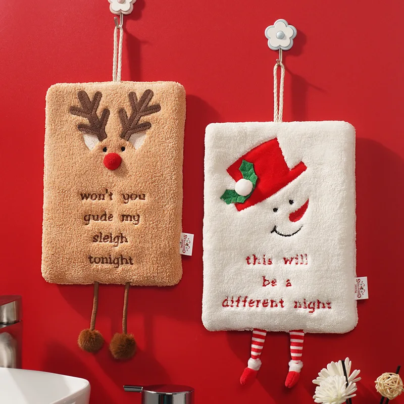 Kitchen Christmas Tree Snowman Elk Hand Towels Bathroom Absorbent Hanging Towels