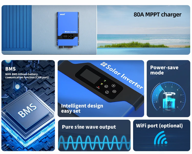 MUST PV3000LVHM USA Version 1-Phase Pure Sine Wave Split Inverter 120V/240V 6Kw Off-Grid Solar Hybrid Power Home MPPT Controller