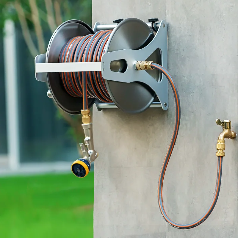 Garden Stainless Steel Heavy Duty Reel Hose Automatic Spraying 50 Meter 1.5 Inch Garden Irrigation  Swivel Wall Mount Hose Reel