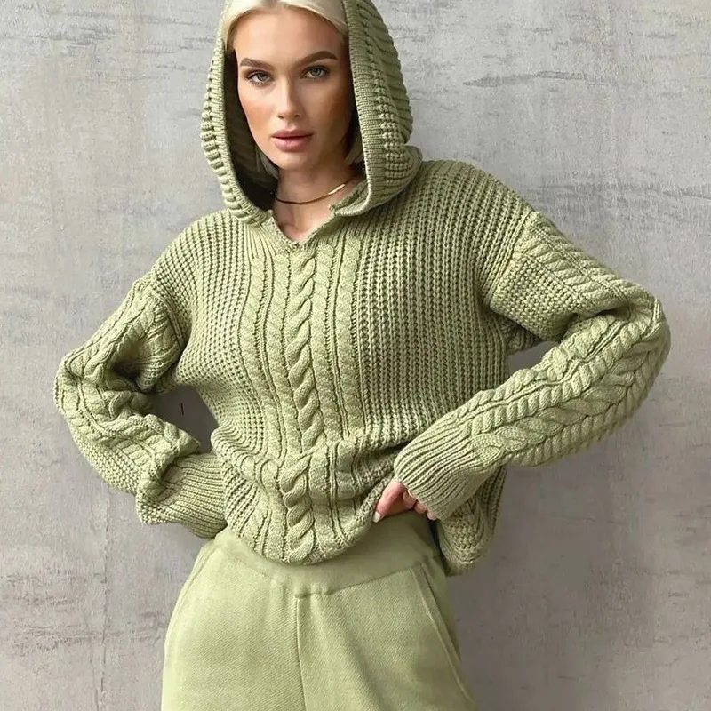 B27504 - quality winter and fall warm sweater knit hooded solid color long sleeve women t shirts
