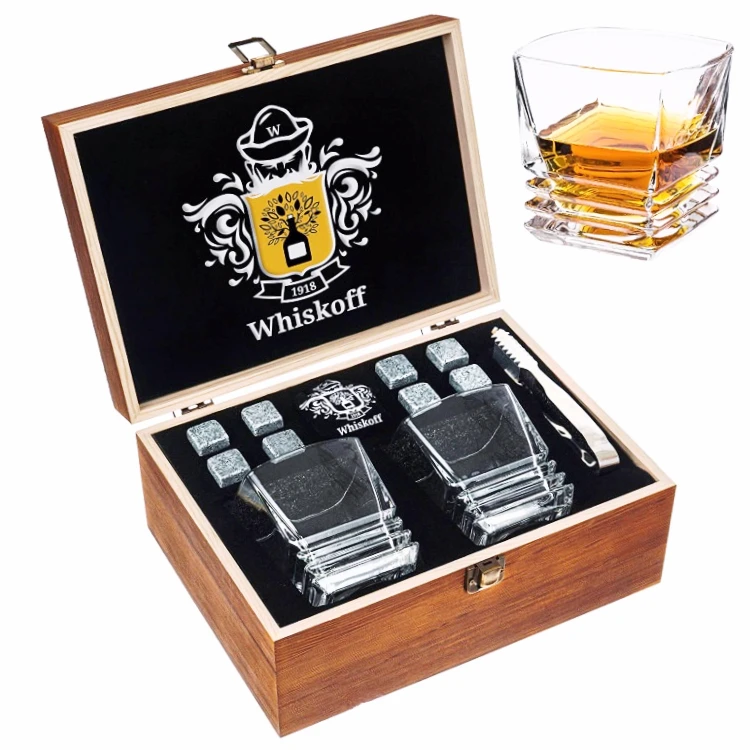 FHbiz Custom Whiskey Rocks Chilling Stones Wooden Box Set with Ice Cube Glasses Coaster