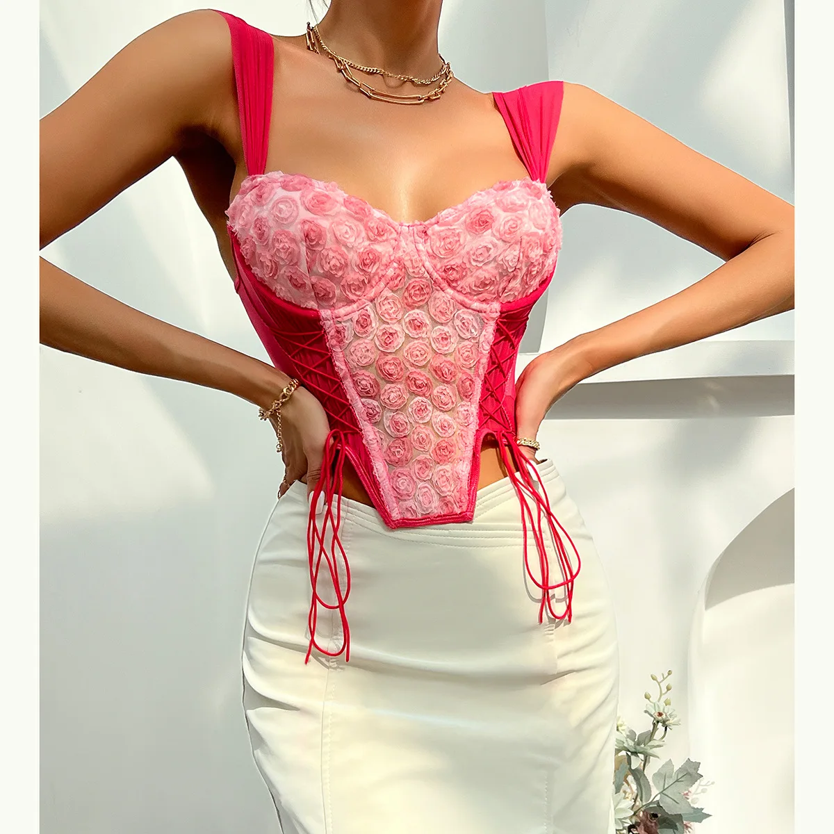 Summer new ins style Lace ribbon mesh bandage See-through corset top Lace rose flower Embroidery Fishbone Corset