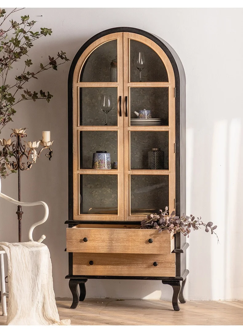 France style retro arched against the wall 2 glass door livingroom sideboard wood furniture storage cabinet