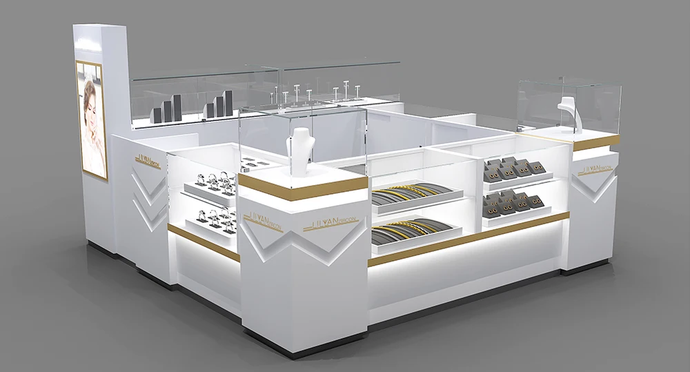 Modern Jewelry Store Display Showcase Counter Wooden Glass Booth Jewelry Kiosk for Shopping Mall