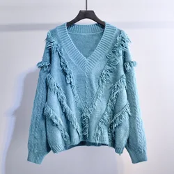 B23698A Women V-neck fringed knit sweater spring and autrumn wear sweater
