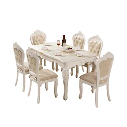 Popular Luxury Furniture Marble Top Rectangle Table Set Group Solid Wood Dining Table Set