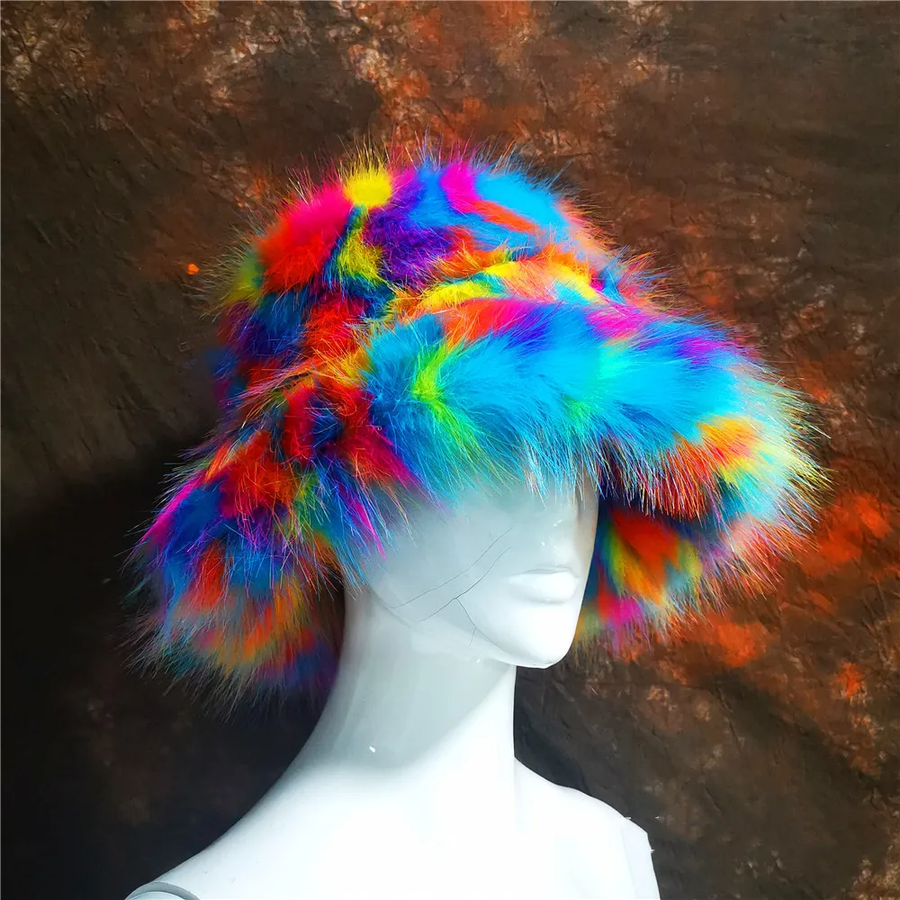 Tie Dye Plush Color Blocking Faux Fur Bucket Hat for Women Fuzzy Party Warm Soft Multi Colors Pattern Fox Fur Winter Hat