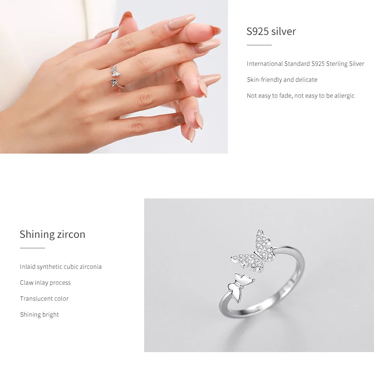 S925 silver three-dimensional double butterfly ring female European and American fashion open index finger ring ins net red cool