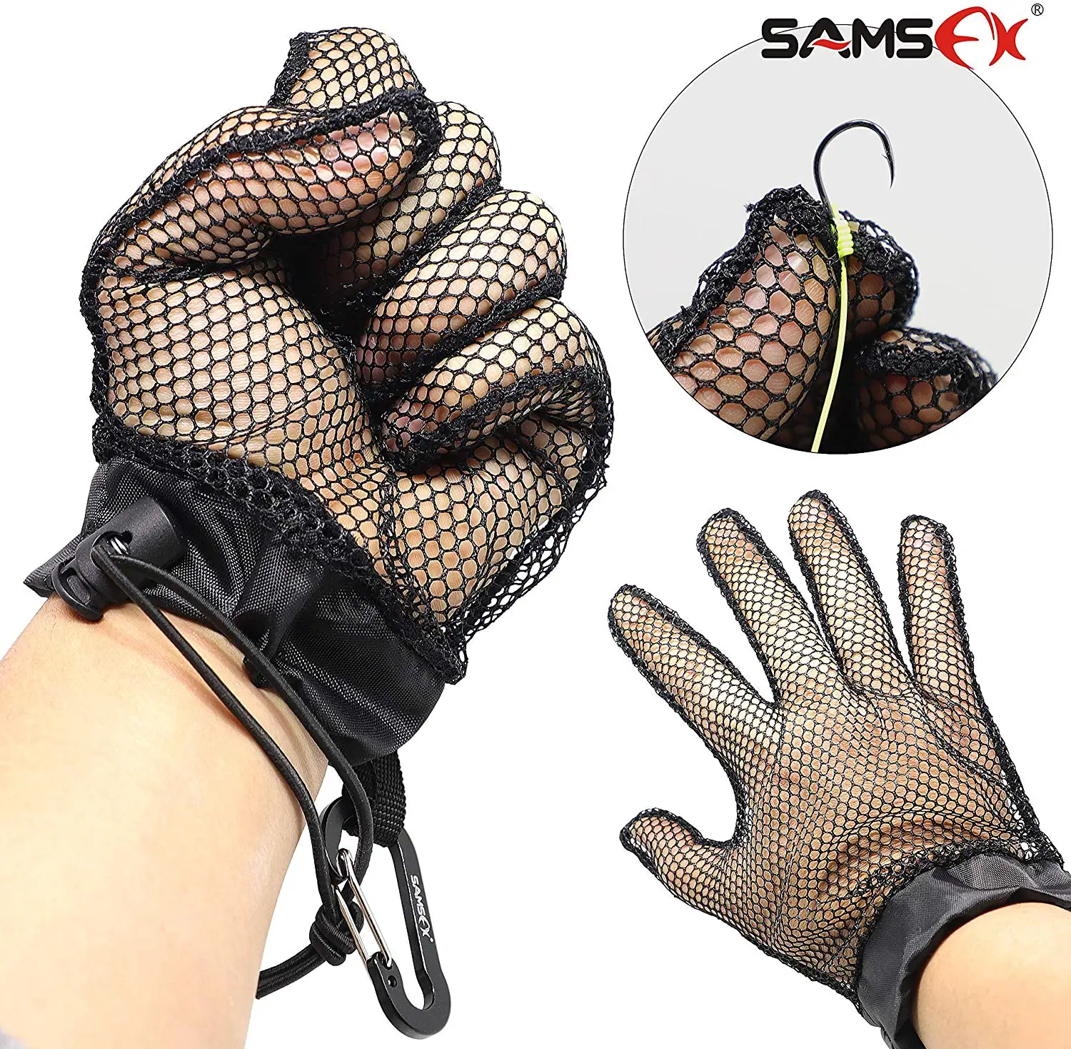 SAMSFX Fishing Fish Catching Gloves Openwork Anti-Slip Fish Protection Tailer Landing Glove with Carabiner Clip