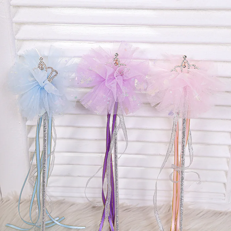Princess Party Kids Girls Cosplay Costumes Tulle Magic Wands Lovely Crown Sparklers Glitter Fairy Stick Fairy Wand with Ribbons