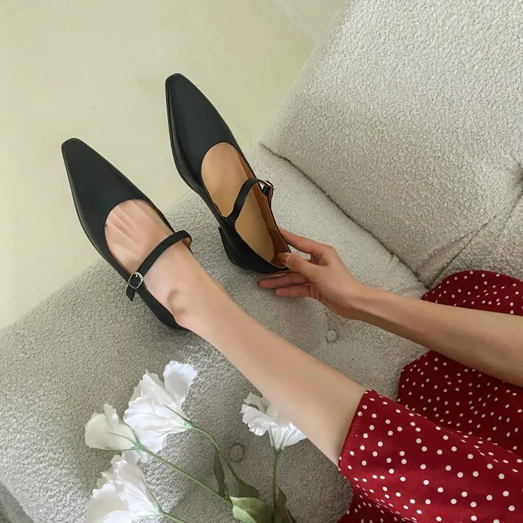 Xinzirain Private Label Female Flat Ballet Shoes Fashion Pointy Toe Black Full Leather Women Mary Jane Shoes For Ladies