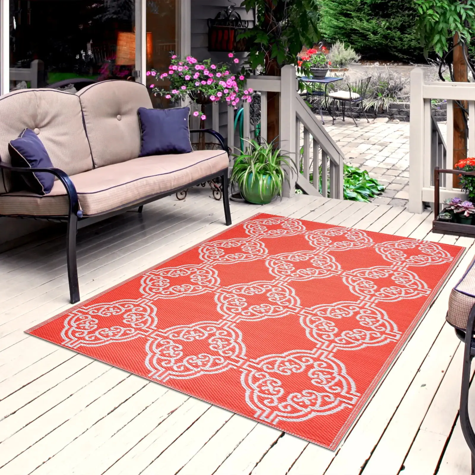 RV Outdoor Rugs Reversible Mats 9 x 12 Clearance Weatherproof Area Mat Carpet with Corner Loops for Patio Camping Black White