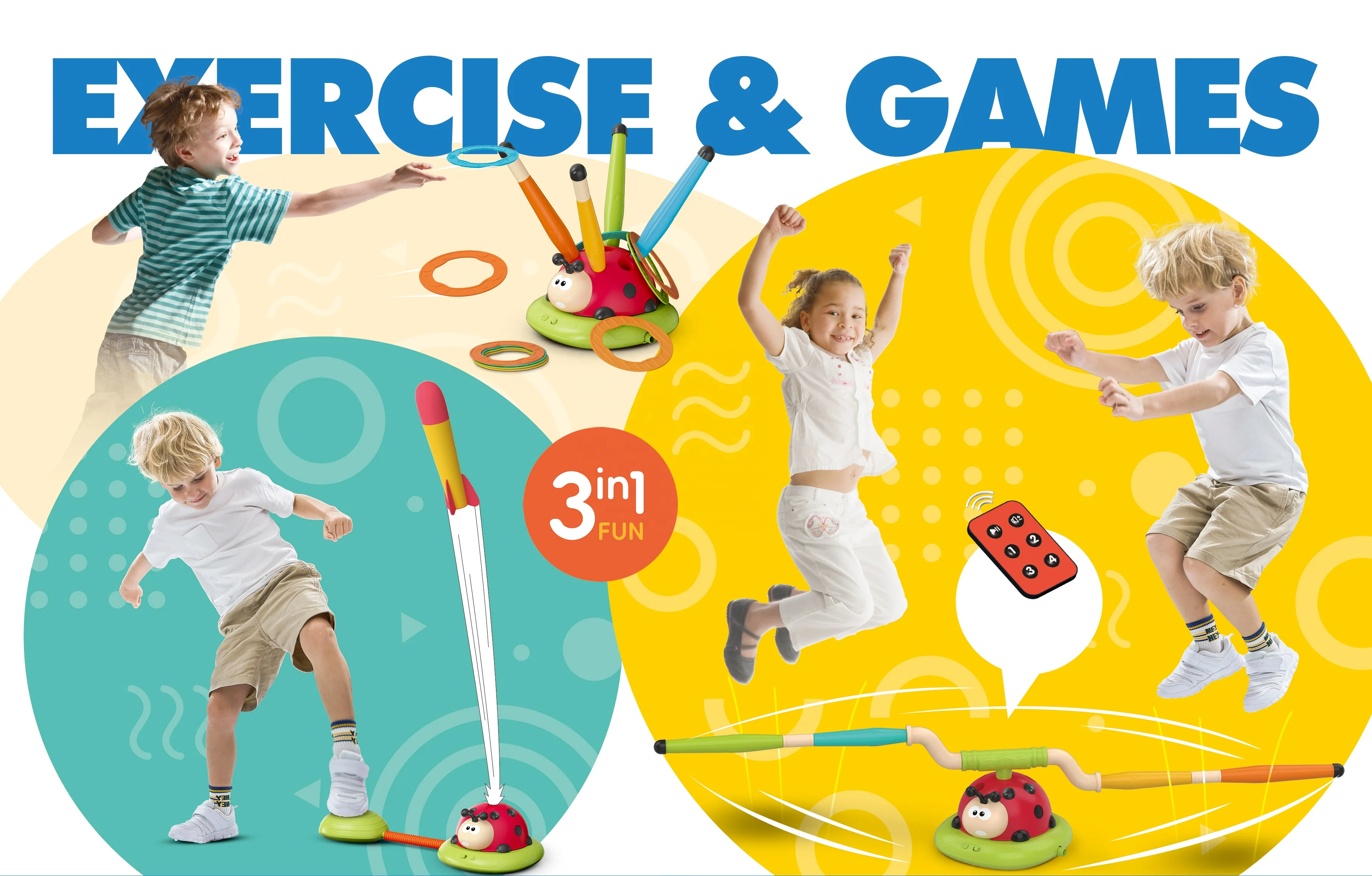 3-in-1 Multi-Game Entertainment Set for Kids - RC Ladybug Machine, Rocket Launcher, and Ring Toss Jump Toys