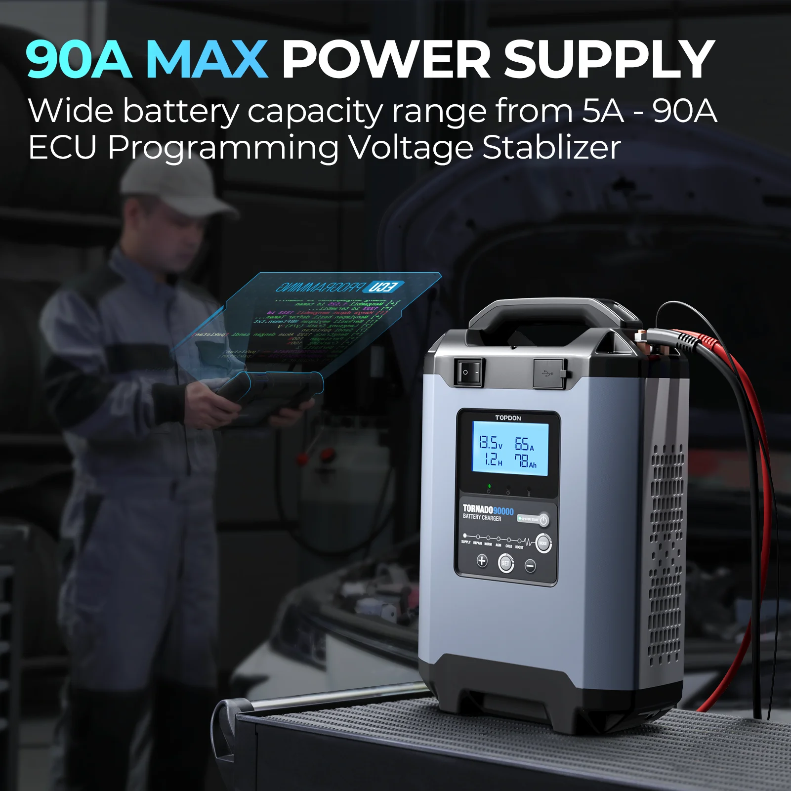 TOPDON Tornado90000 Diy Super Car Battery Charger 12V 24V Automatic Car Battery Charger Lead-Acid Agm Gel Lithium 60A 90A