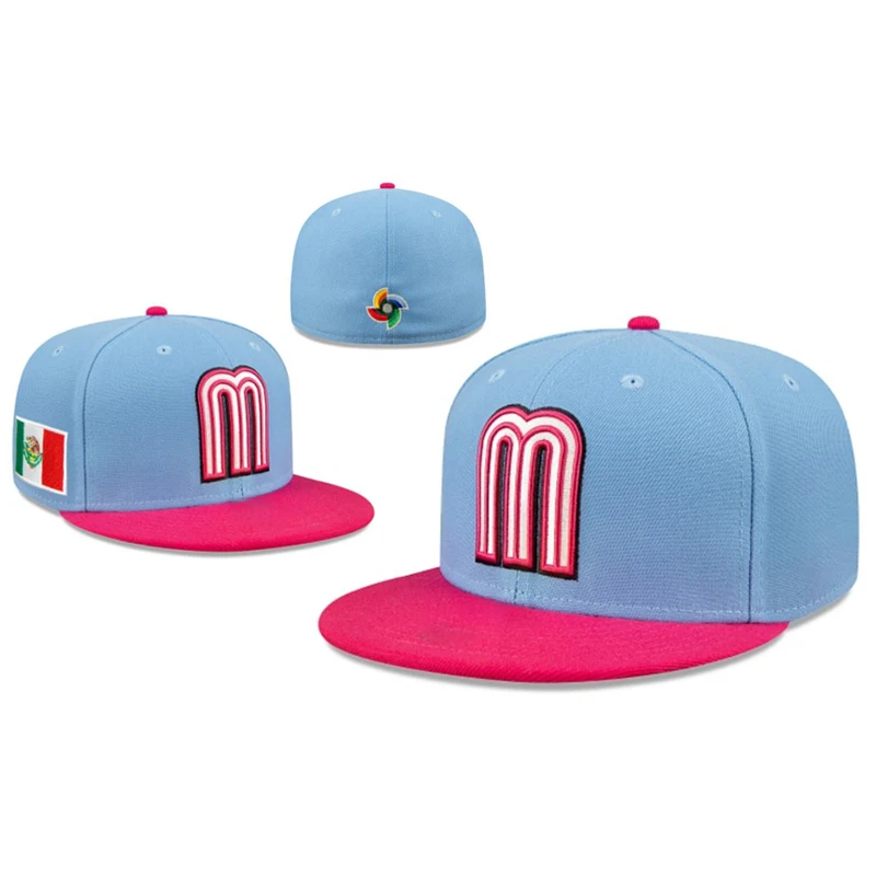 Mexico Cap 3D Embroidered Logo Polyester New E Custom Close Cap Flat Baseball Brim Fitted Caps For Men