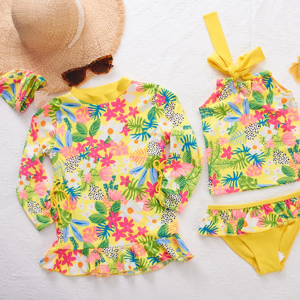 Manufacturer China Wholesale Kids One Piece Long Sleeve Floral Pattern Girls Swimwear Swimsuit Kids For Vacation