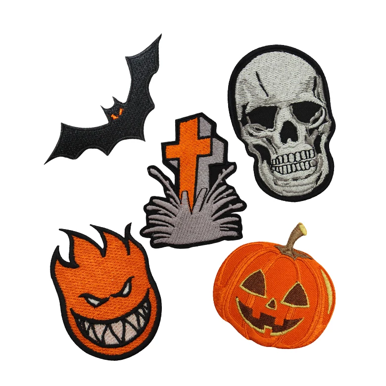 Heat Seal Appliques Embroidered Patches Halloween Pumpkin Ghost Web Face Skeleton Cat Logo Patch Iron On Sew On Embroidery Badge