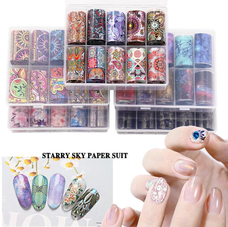 
Wholesale nail art jewelry starry sky sticker set flower laser lace 10 grid transfer nail decoration 4CM variety 