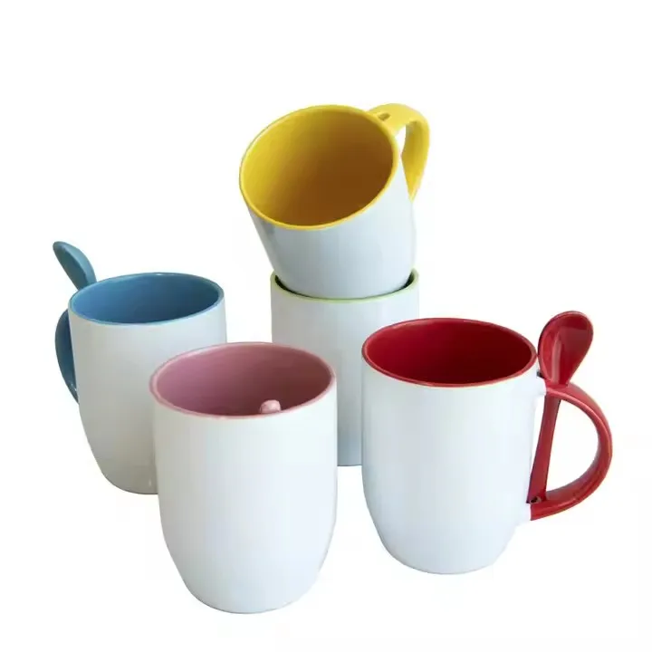 MIDA Colorful Inner Coffee Cup Sublimation Drinking Coated Spoon Handle Sublimation Ceramic Mug With Spoon