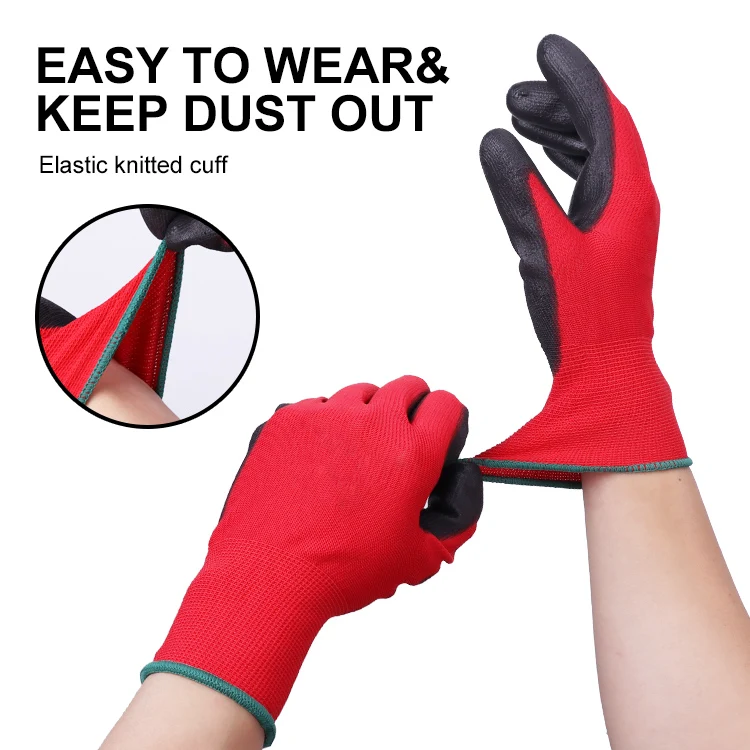 Men Construction red pu coated  Gloves manufacture gloves for work pu safety gloves