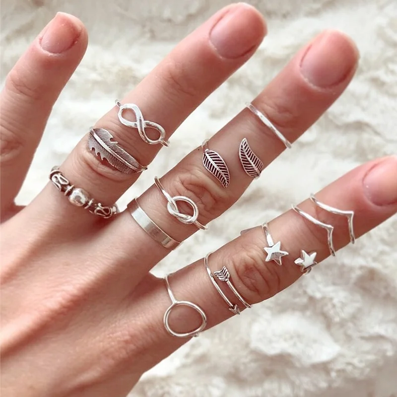 12 Pieces/set Fashion Color Silver Exquisite Ring for Women Leaf Geometric Opening Ring Set Gift Jewelry Accessories