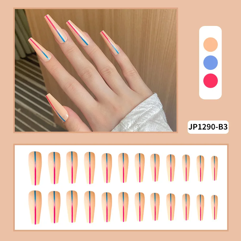24Pcs Marble Blue Long Coffin False Nails with Gold Wave Lines artificial fingernails Press On Nails Tips