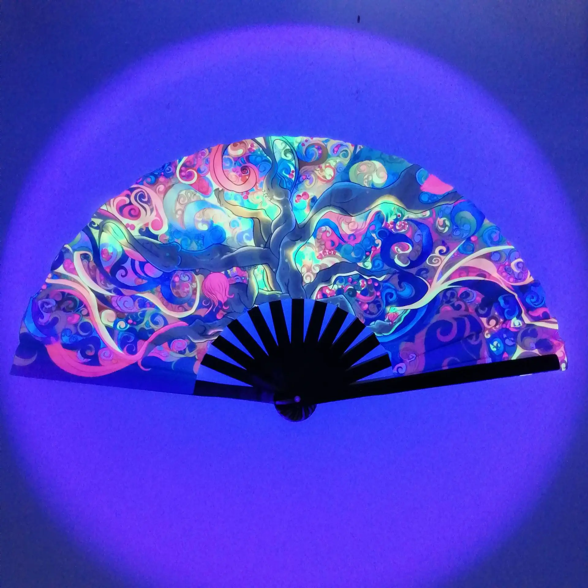 Ready To Ship Large Decorative Bamboo Crafts Rave Hand Fan Bamboo UV Glow Folding Fan Festival