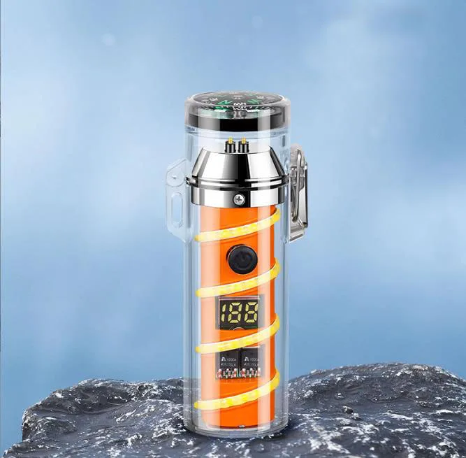 Transparent Shell Flashlight Double Arc Lighter Waterproof Type-C Charging Digital Display Cigarette Torch Lighters