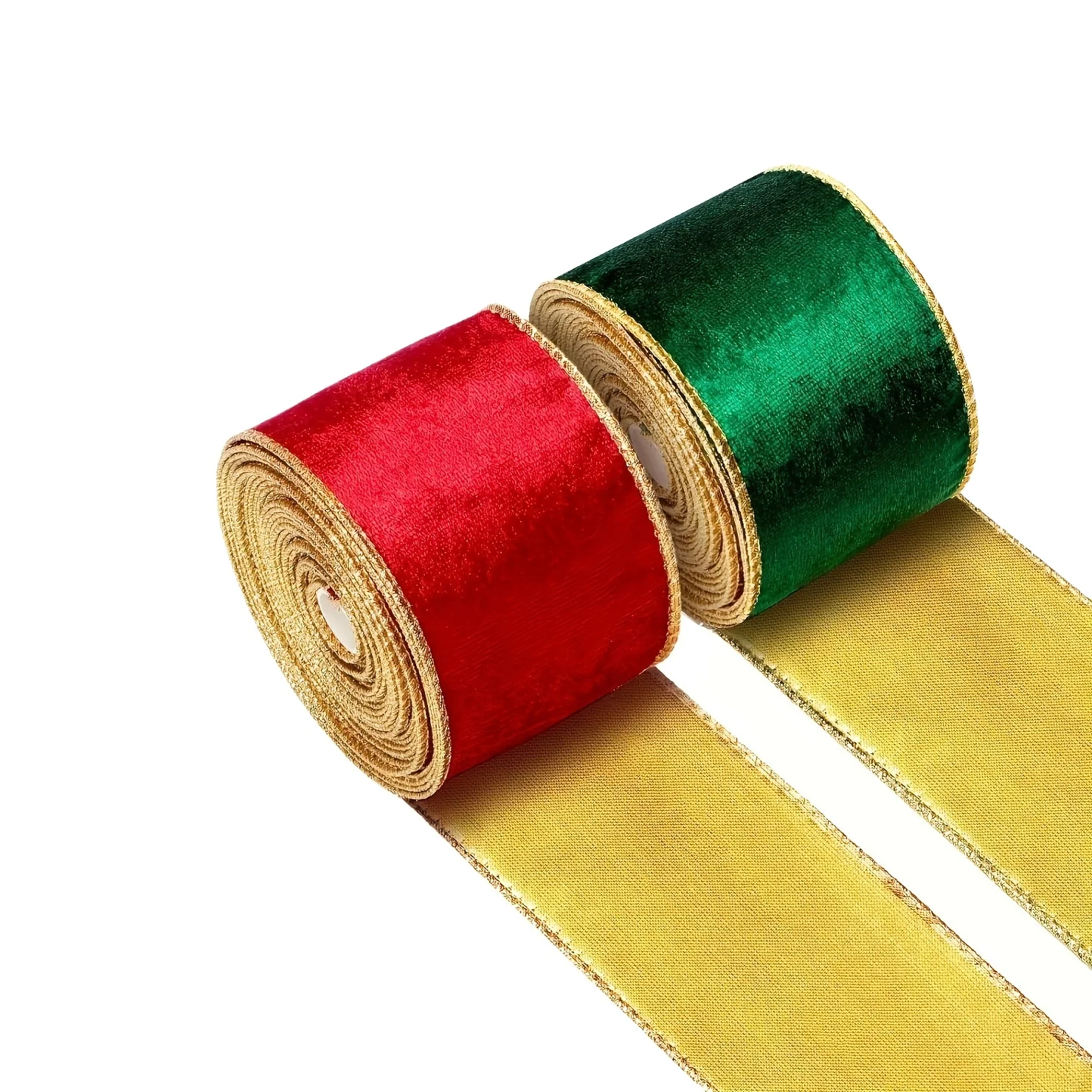 2 Rolls of red green glitter wired fabric ribbon, holiday universal streamer,for DIY crafts and wedding party home decor