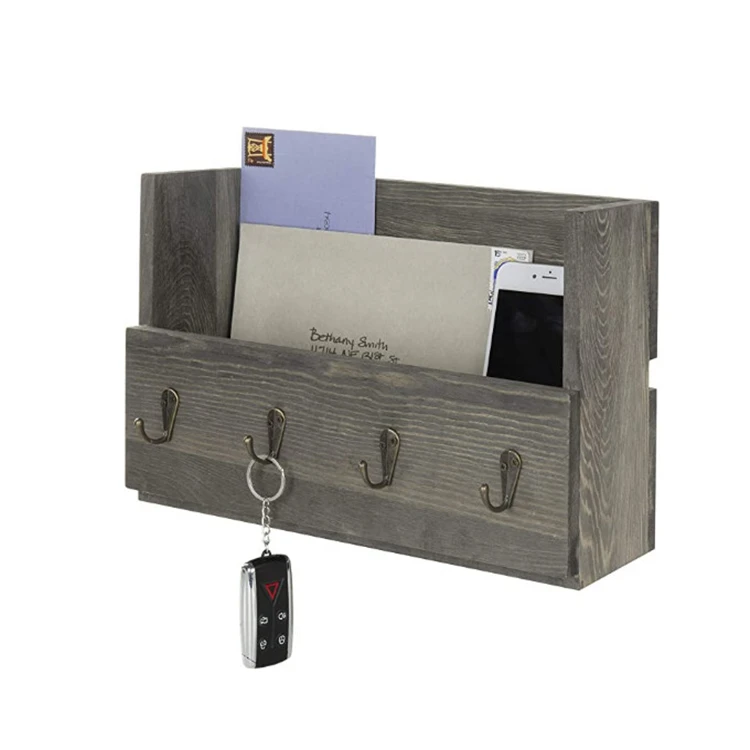 
Rustic gray mounted mail organizer rack with 4 key hooks wholesale magnetic key holder wood 