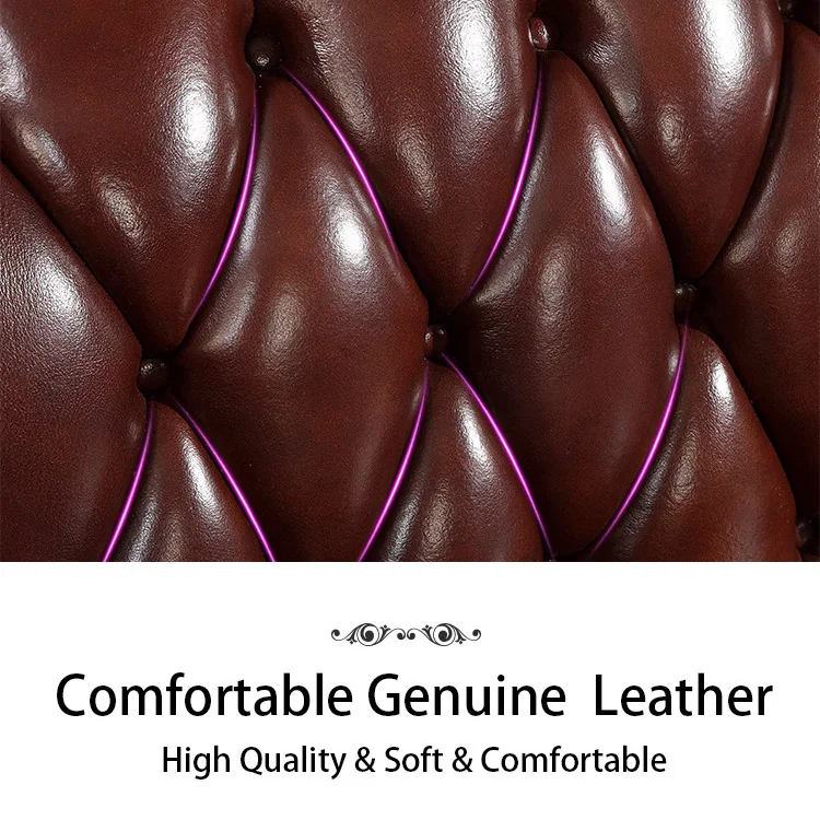 Chuangdian Foshan Factory Customized Luxury European Style Solid Wood Frame Brown Vintage Genuine Leather Living Room Sofa