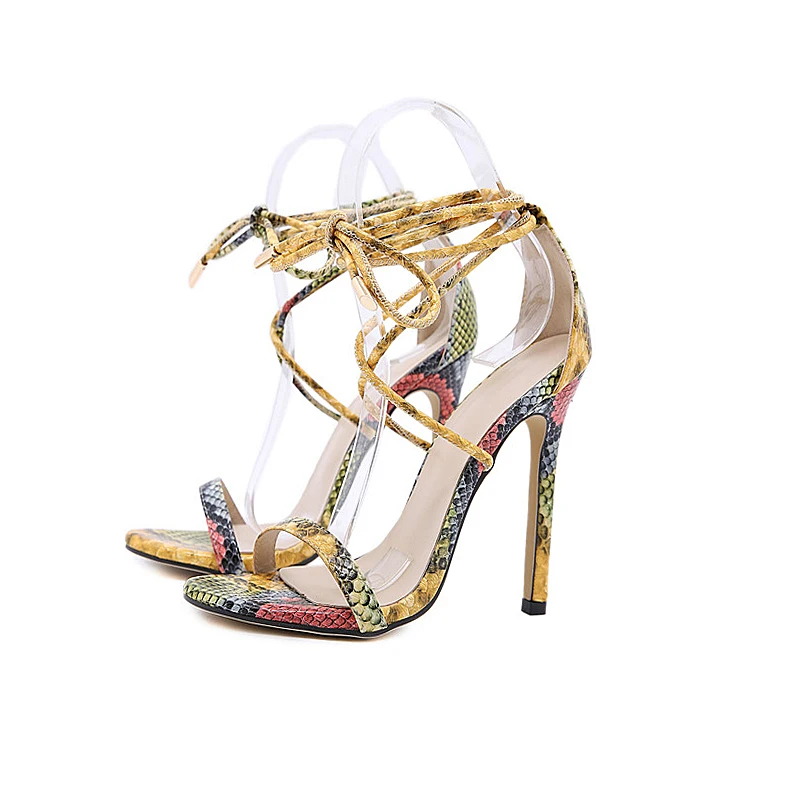 
Summer and Spring Snake Print Belt Ankle Peep Toe Thin High Heels Sexy Fashion Sandals for Women 