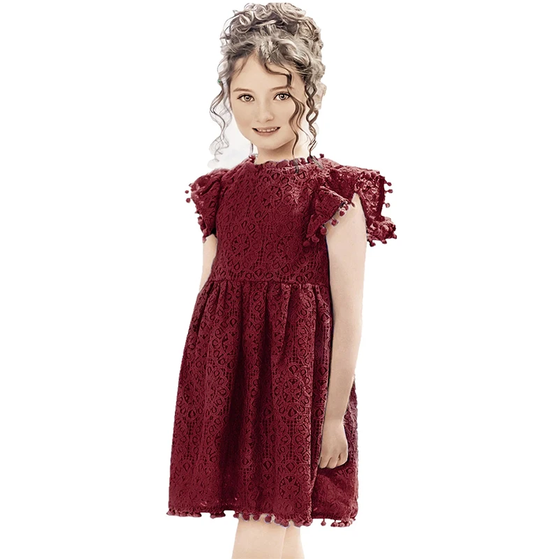 Dusty Color Kids Frocks Malaysia Kids Girls Cotton Pick Lace Long Summer Wedding Dresses Pom Pom O-Neck Party Style Age Children
