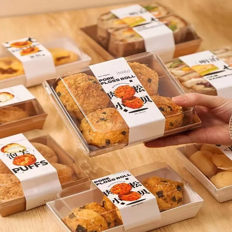 Recycled Paper Take Away Box with Plastic Lid Rectangular Square Bakery Food Packaging Cake Bread Snack Sushi Cookie Take-Away