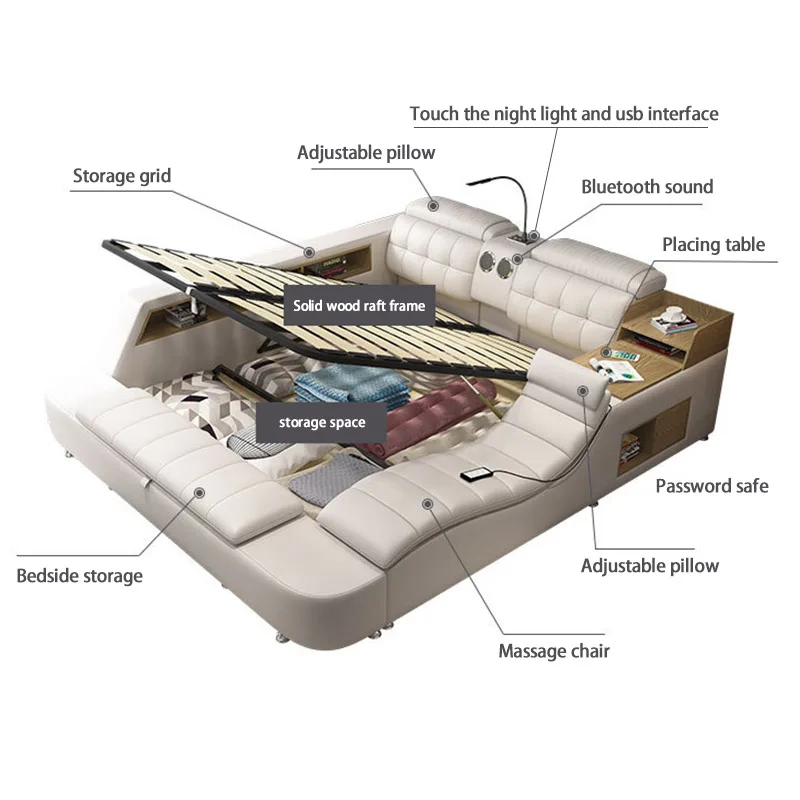Luxury Modern Furniture Leather Smart Functional Beds Storage Bed King Queen Size Massage Electric Adjustable Double Beds