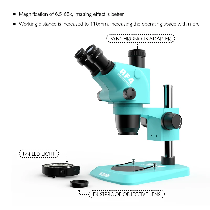 RF4 RF6565TV Electronic HD Microscopes 6.5-65X Continuous Zoom with 144 LED Ring Light HDMI 2K Camera for Phone Repair Tool