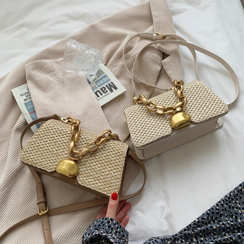 2021 new summer trend vintage straw mini gold chain shoulder purses and handbags for women unique underarm crossbody hand bag